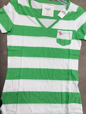 Abercrombie & Fitch Green and White Striped V‑Neck Tee with Pink Logo